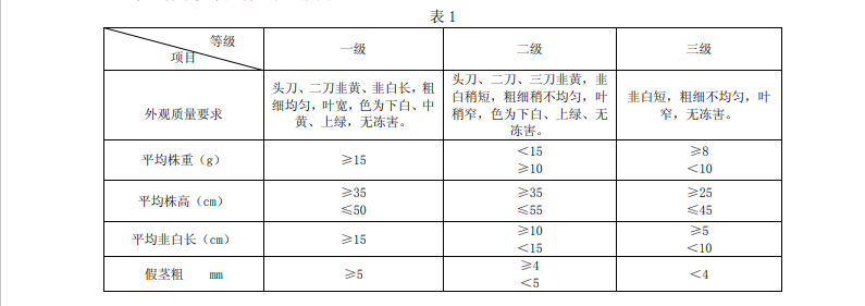 韭黄放冷库前分级标准参考